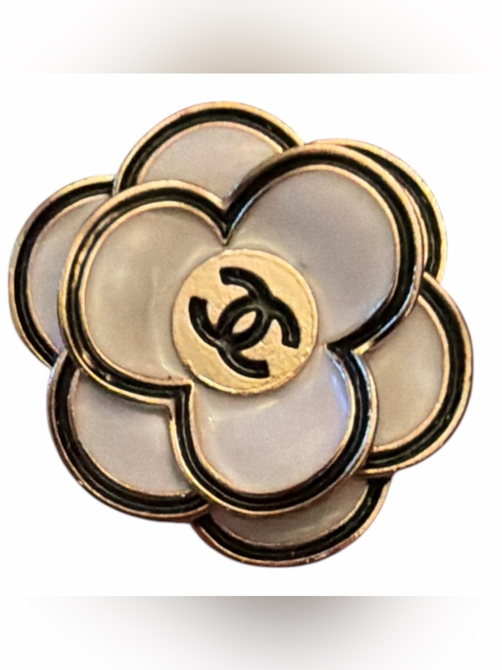 CHANEL White and Silver Enamel Camellia button